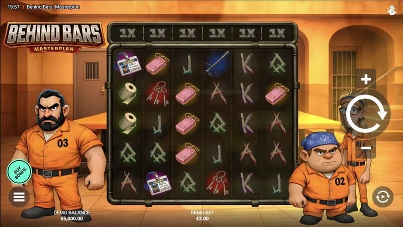 Behind Bars Masterplan - tela de jogo com bobinas 6x5 e multiplicadores verticais