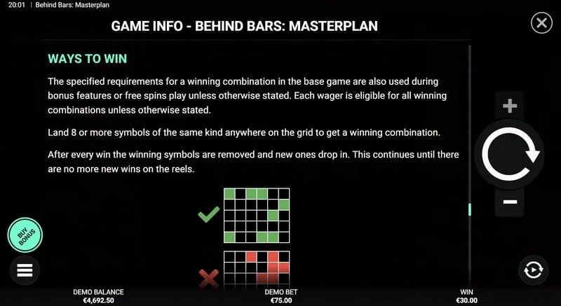 Behind Bars Masterplan - resumo das linhas vencedoras e combinações